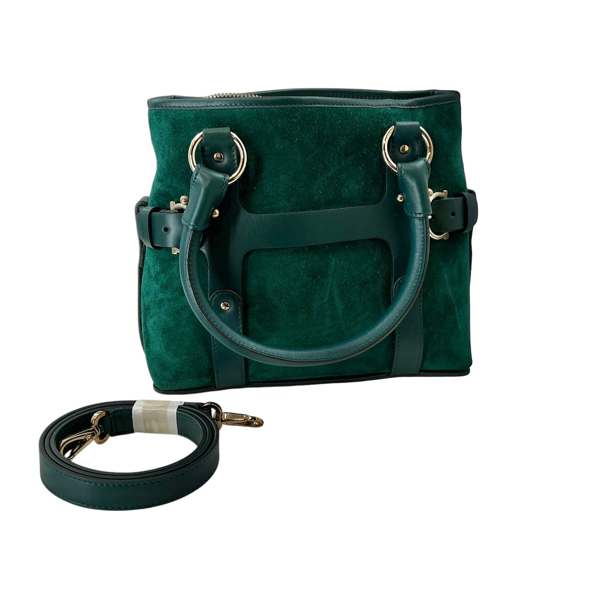 Salvatore Ferragamo Hunter Green Suede & Leather Gancini Top Handle Bag