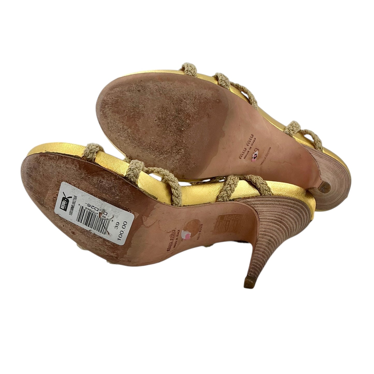 Miu Miu Gold Braided Leather Slingback Sandals