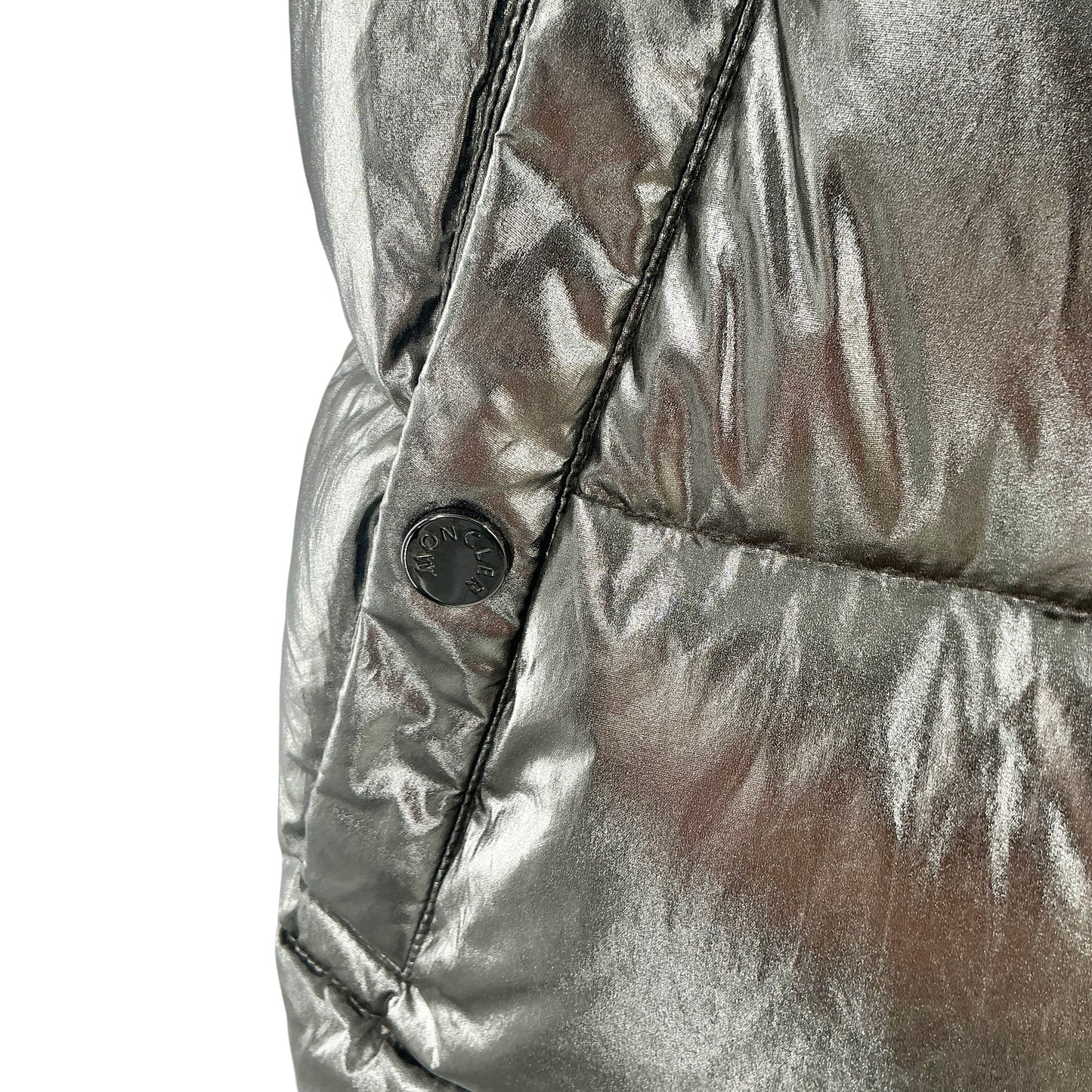 Moncler Kerria Metallic Silver Puffer Vest Down Gilet Shearling Trim