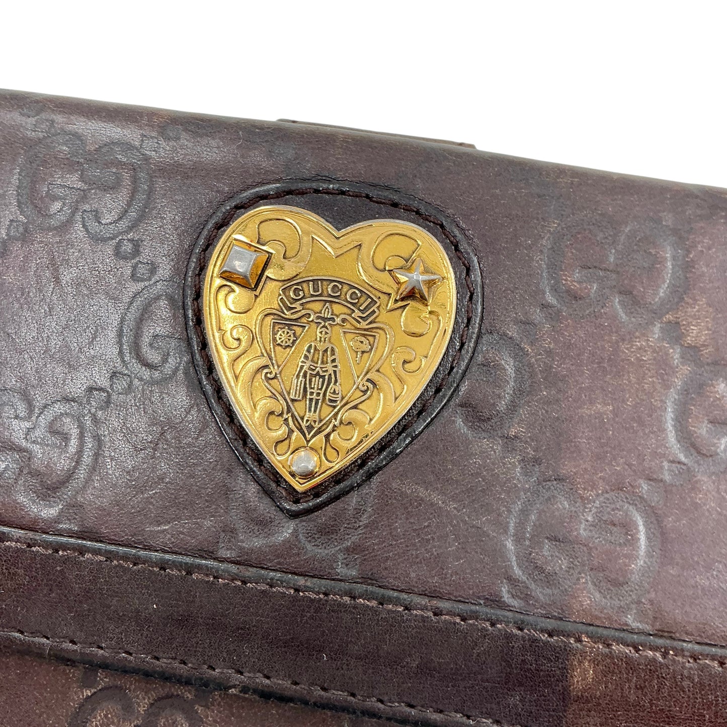 Gucci Dark Brown Guccissima Leather Babouska Heart Crest Continental Long Wallet
