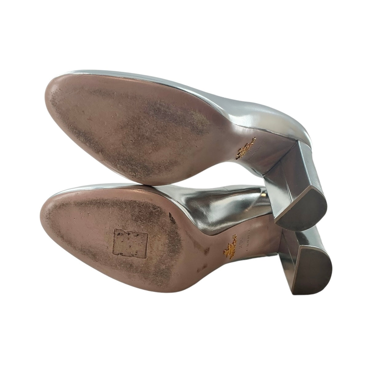 Prada Metallic Silver Block Heel Pumps