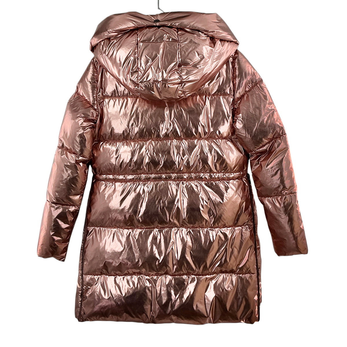 PINKO Metallic Rose Gold Longline Hooded Puffer Coat Jacket