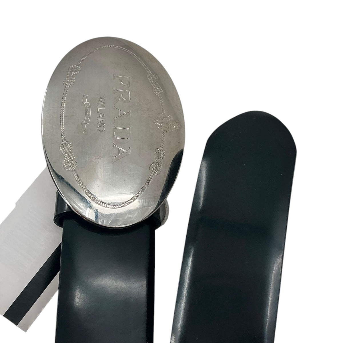 Prada Black Leather Belt with Silver Oval Logo Plaque Buckle