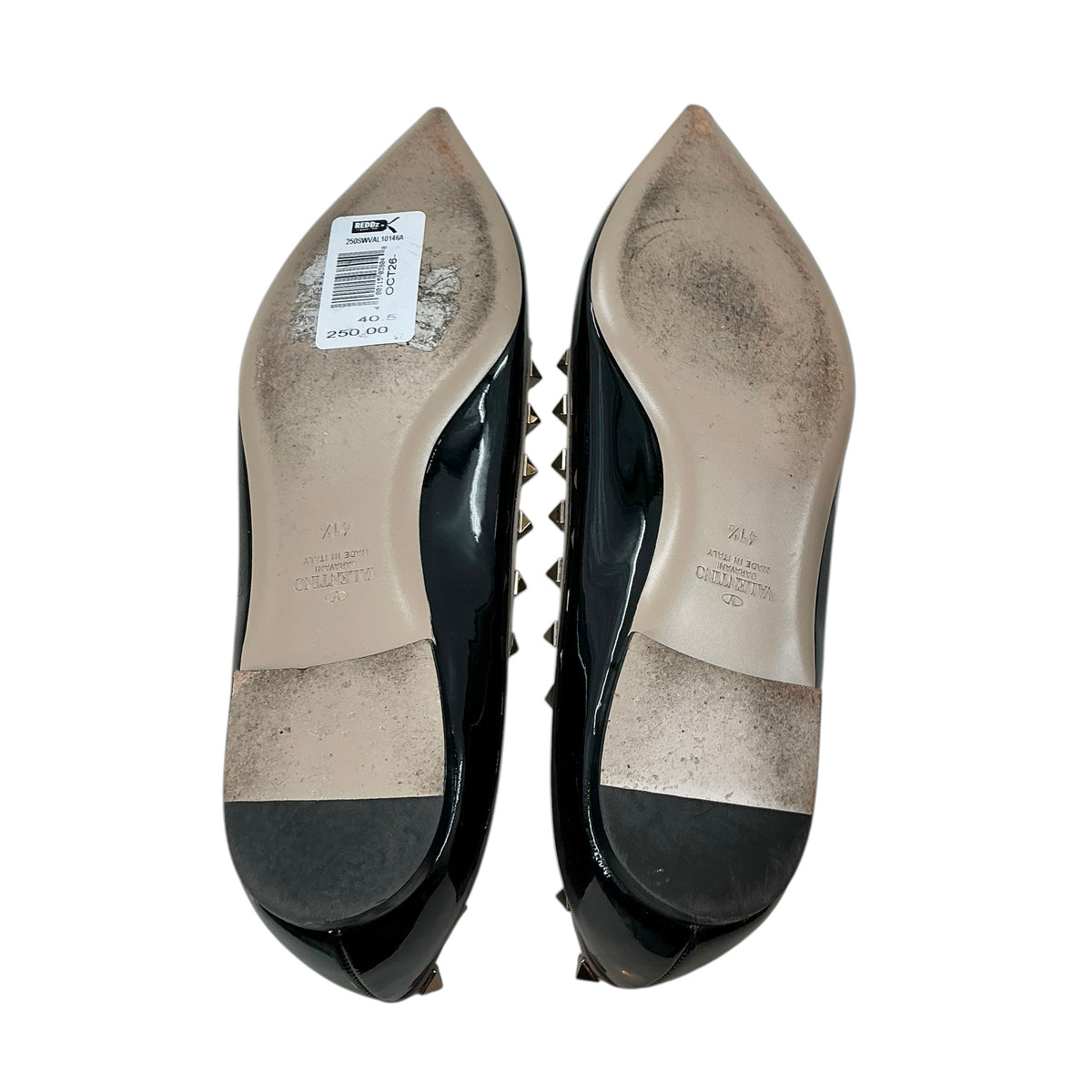 Valentino Garavani Rockstud Patent Leather Pointed Toe Ballet Flats Black Poudre