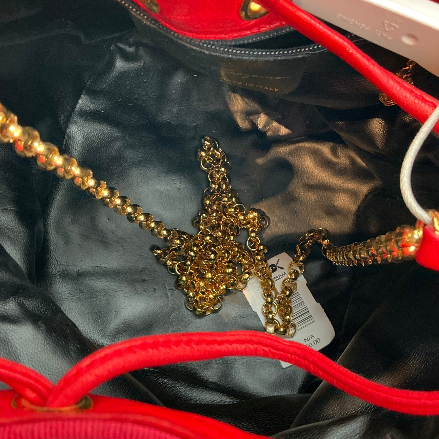 Salvatore Ferragamo Red Leather Drawstring Bucket Bag with Gold Icon Studs & Chain Strap