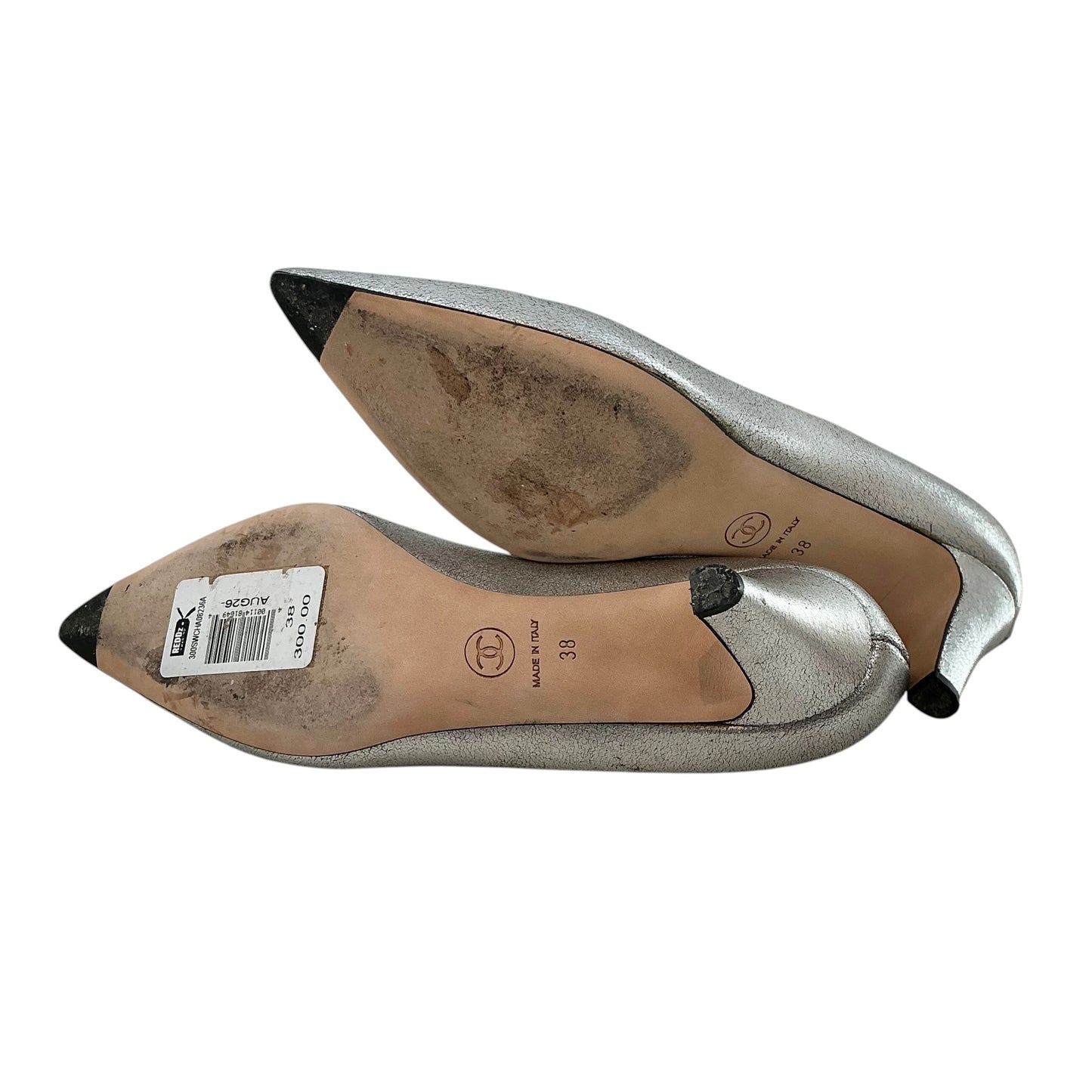 CHANEL Metallic Silver Distressed Leather Pointed Toe Kitten Heels