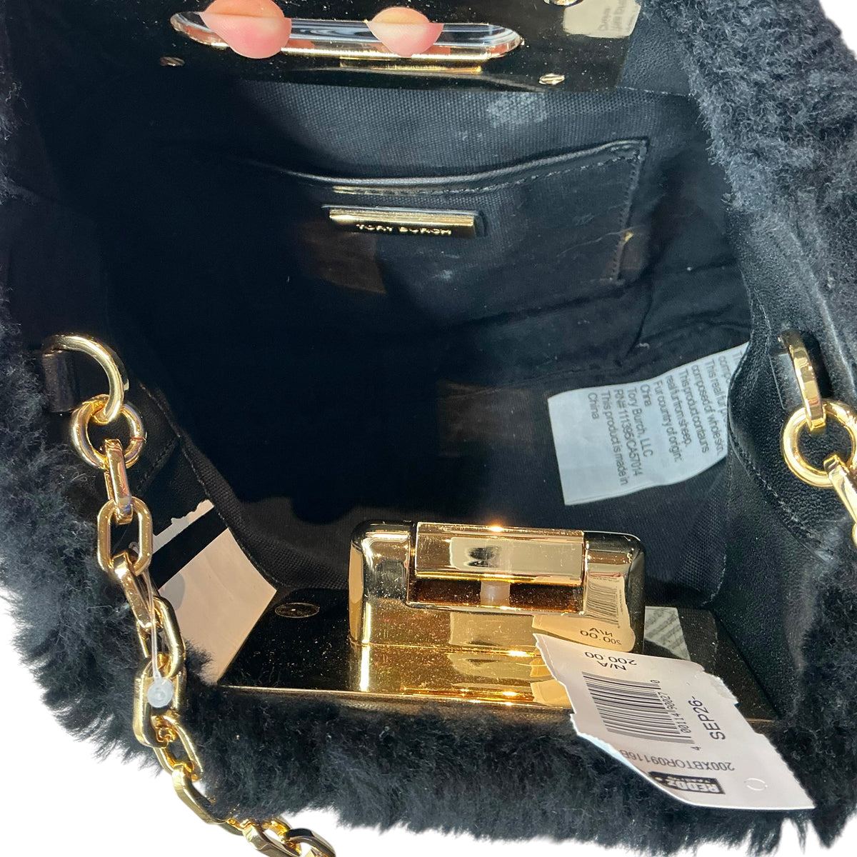 Tory Burch Black Fun Fur Shearling Flip-Lock Clutch Shoulder Bag
