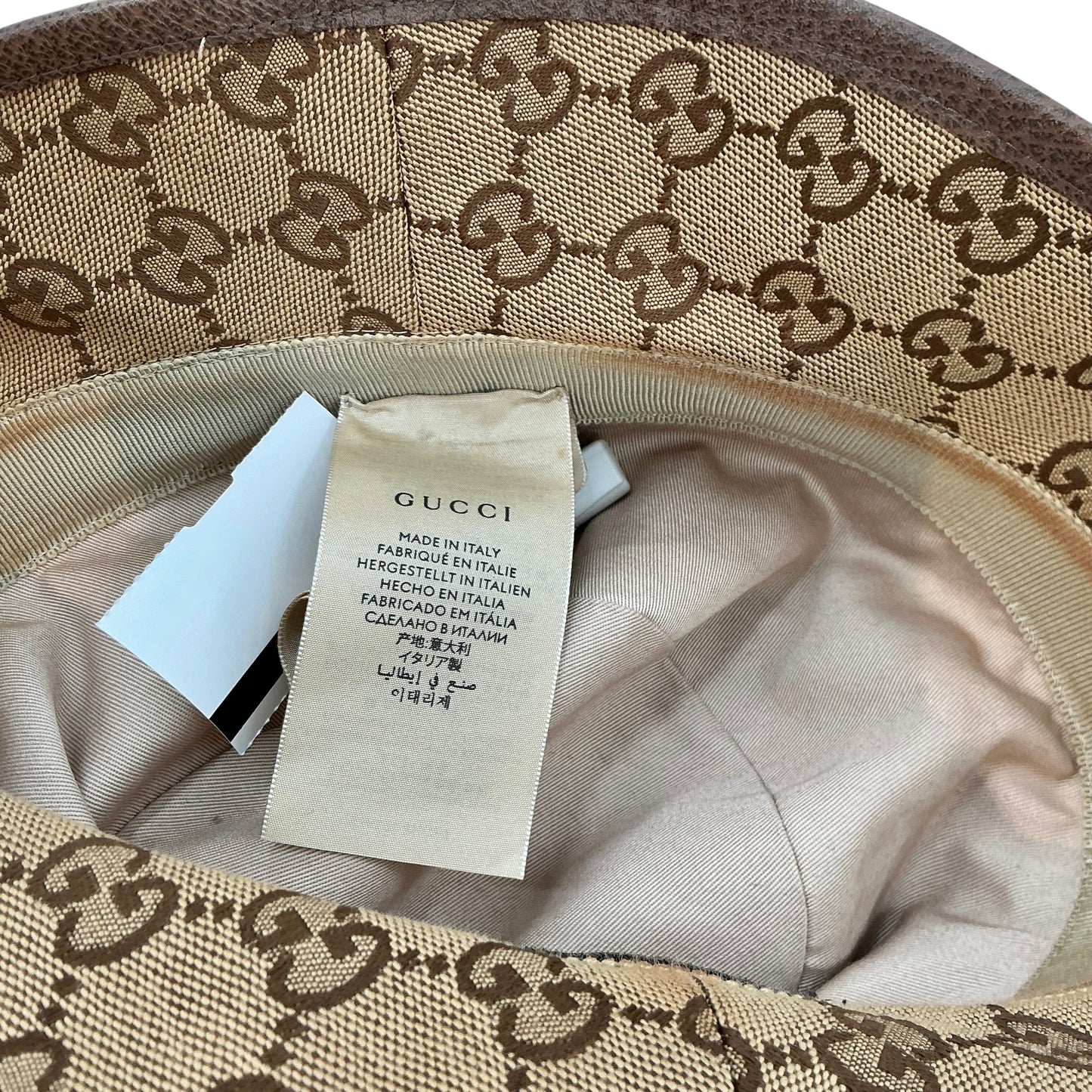 GUCCI Original GG Monogram Canvas Bucket Hat with Leather Trim