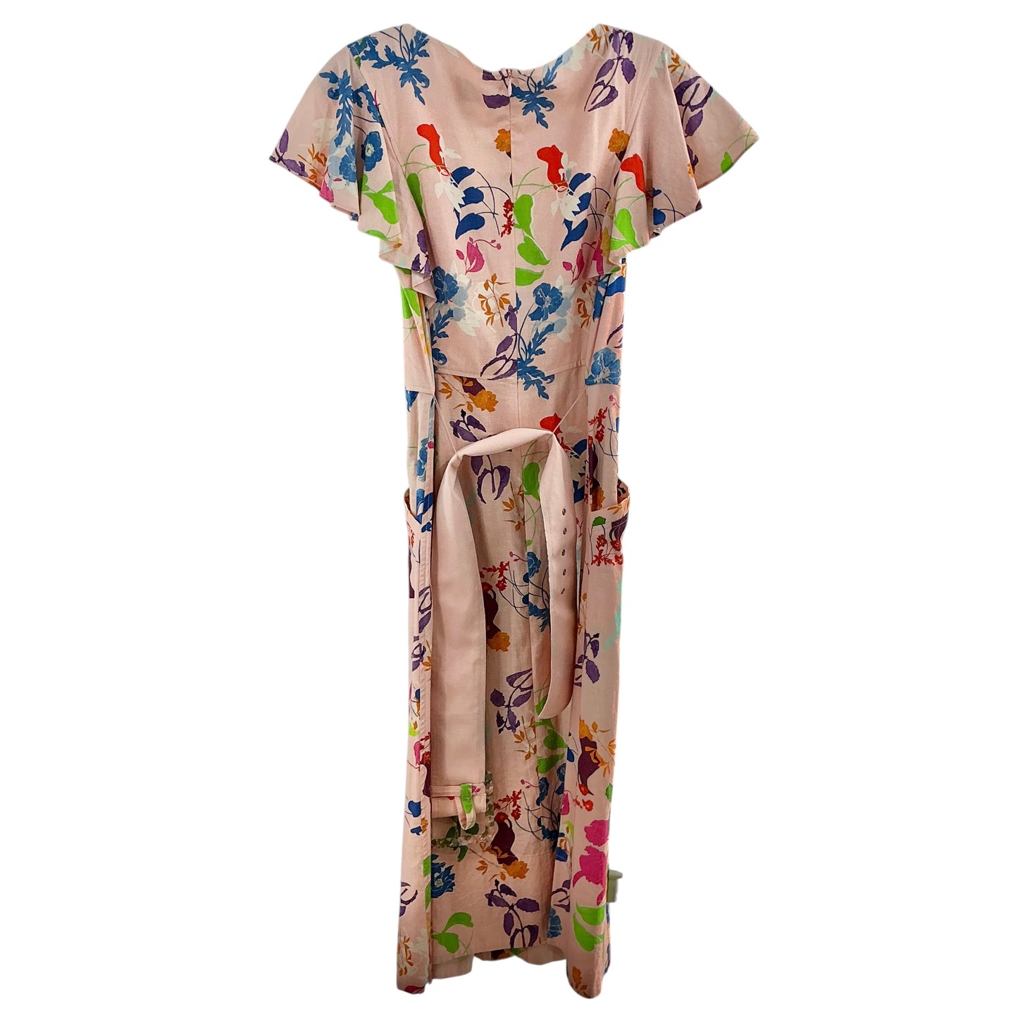 Tanya Taylor Linen Blend V-Neck Multi Floral Midi Pocket Dress