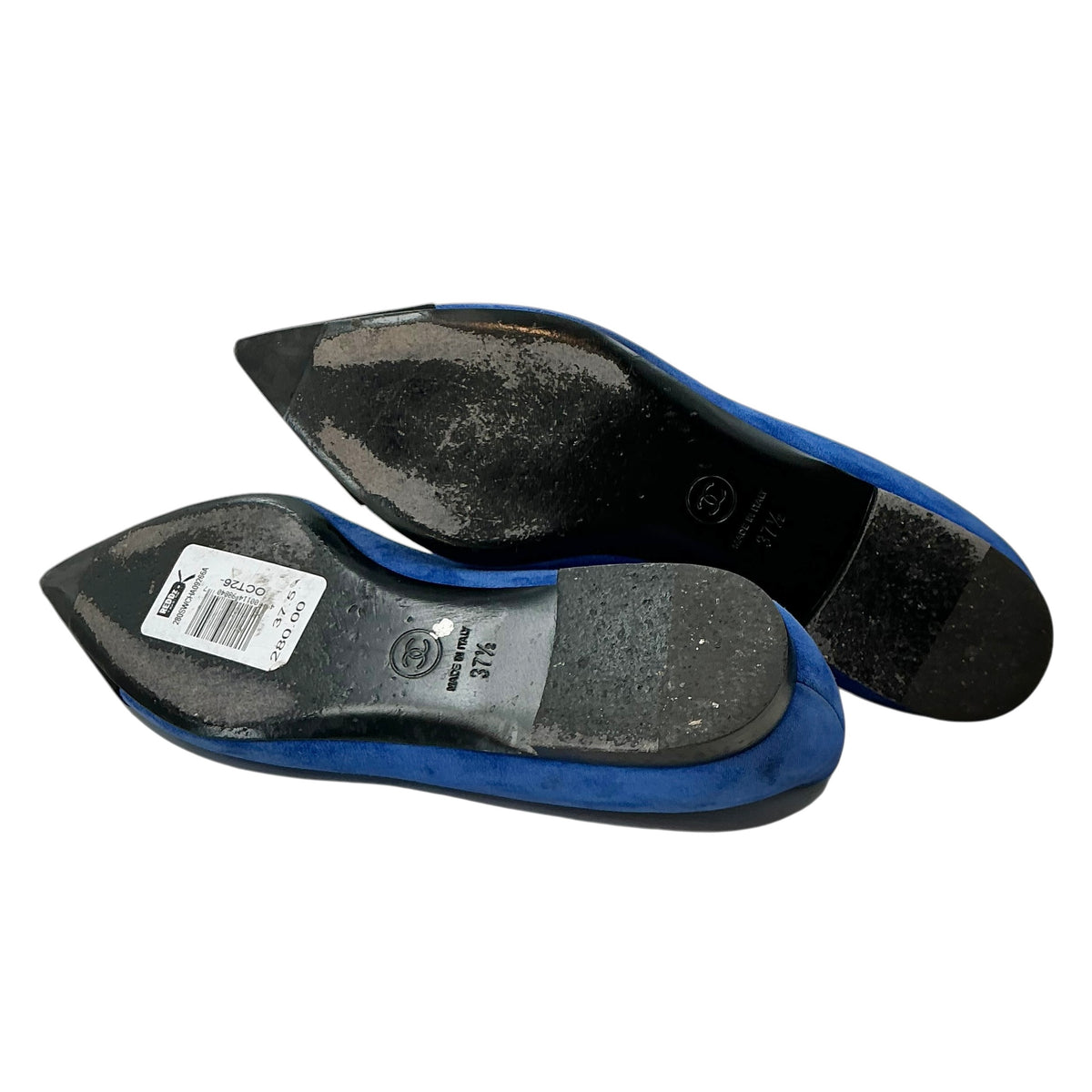CHANEL Cobalt Blue Suede & Black Satin Pointed Cap Toe Flats