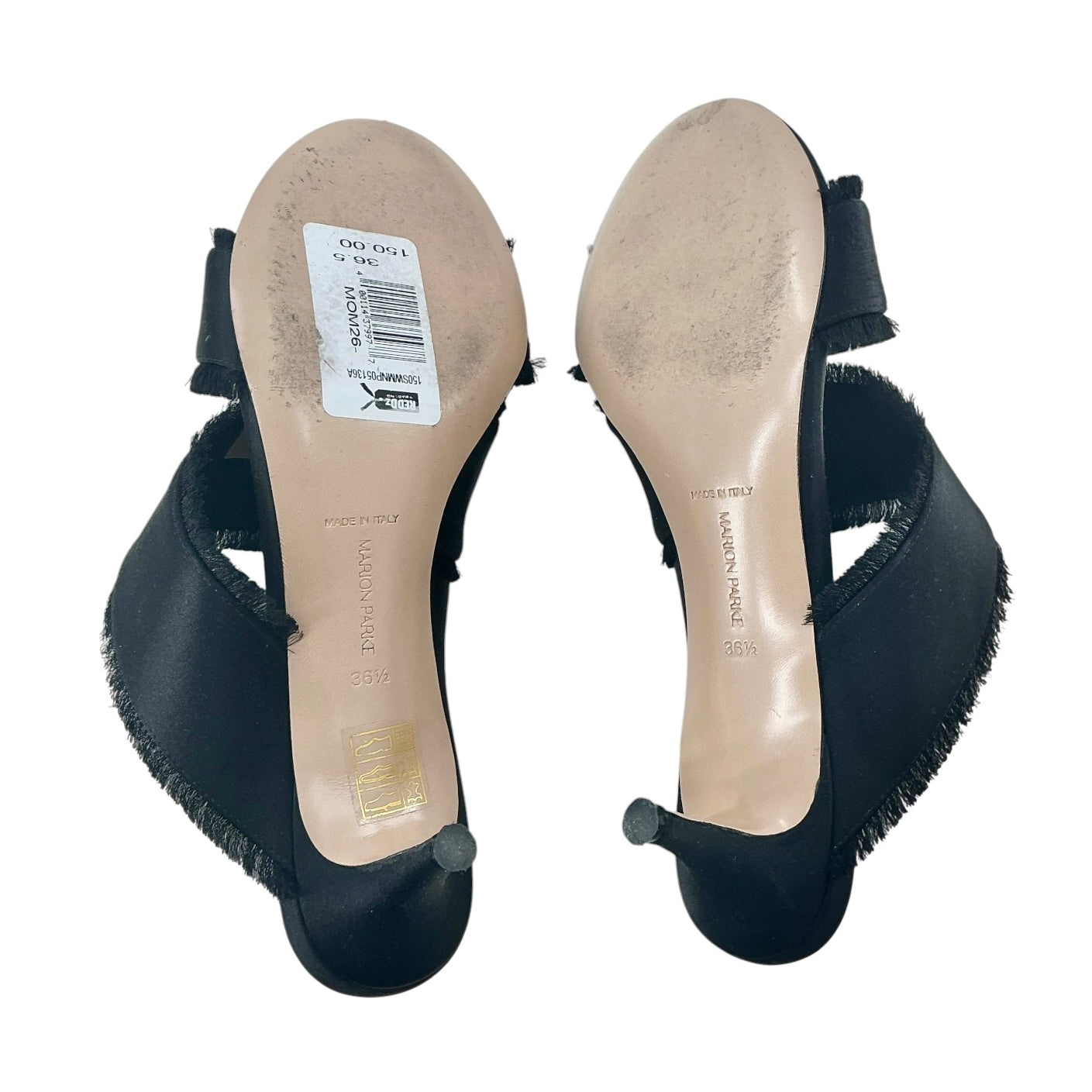 Marion Parke Black Satin Fringe Kitten Heel Mules