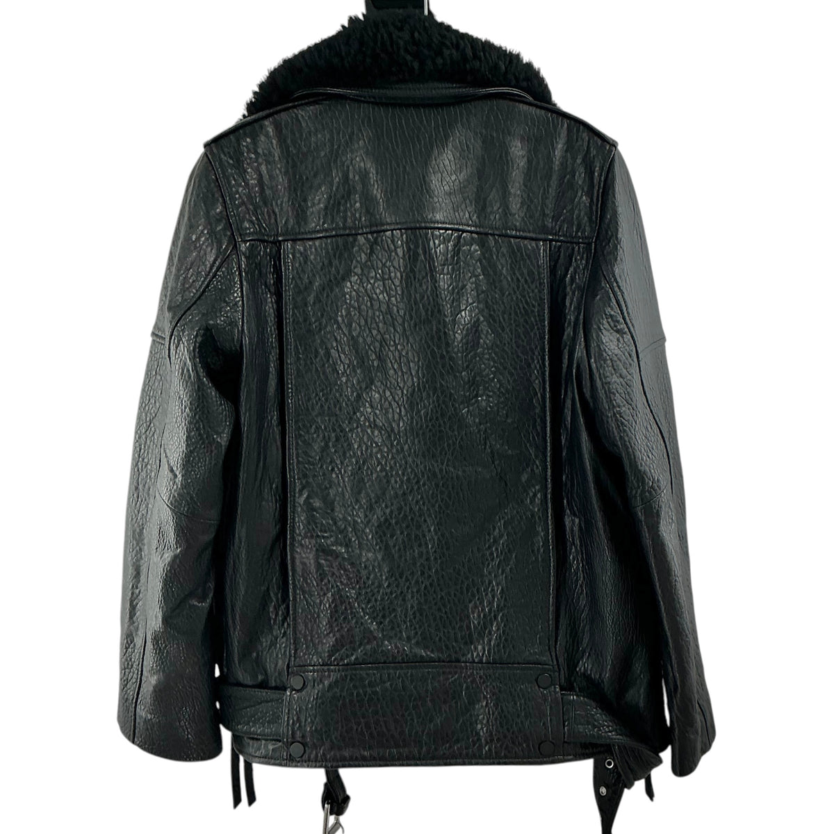 AllSaints Black Textured Sheepskin Leather Moto Jacket Removable Sherpa Collar