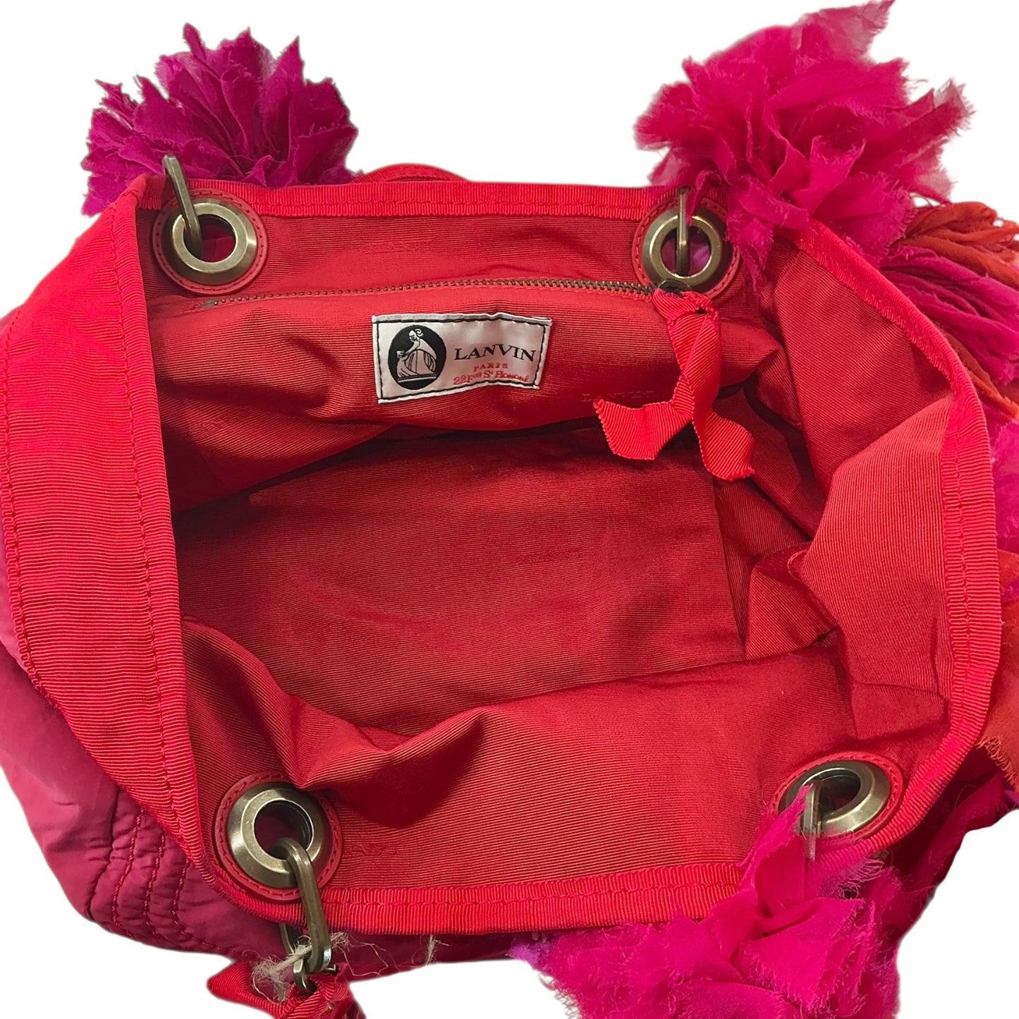 Lanvin Red Nylon Tote Bag With Decorative Red & Pink Floral Poofs
