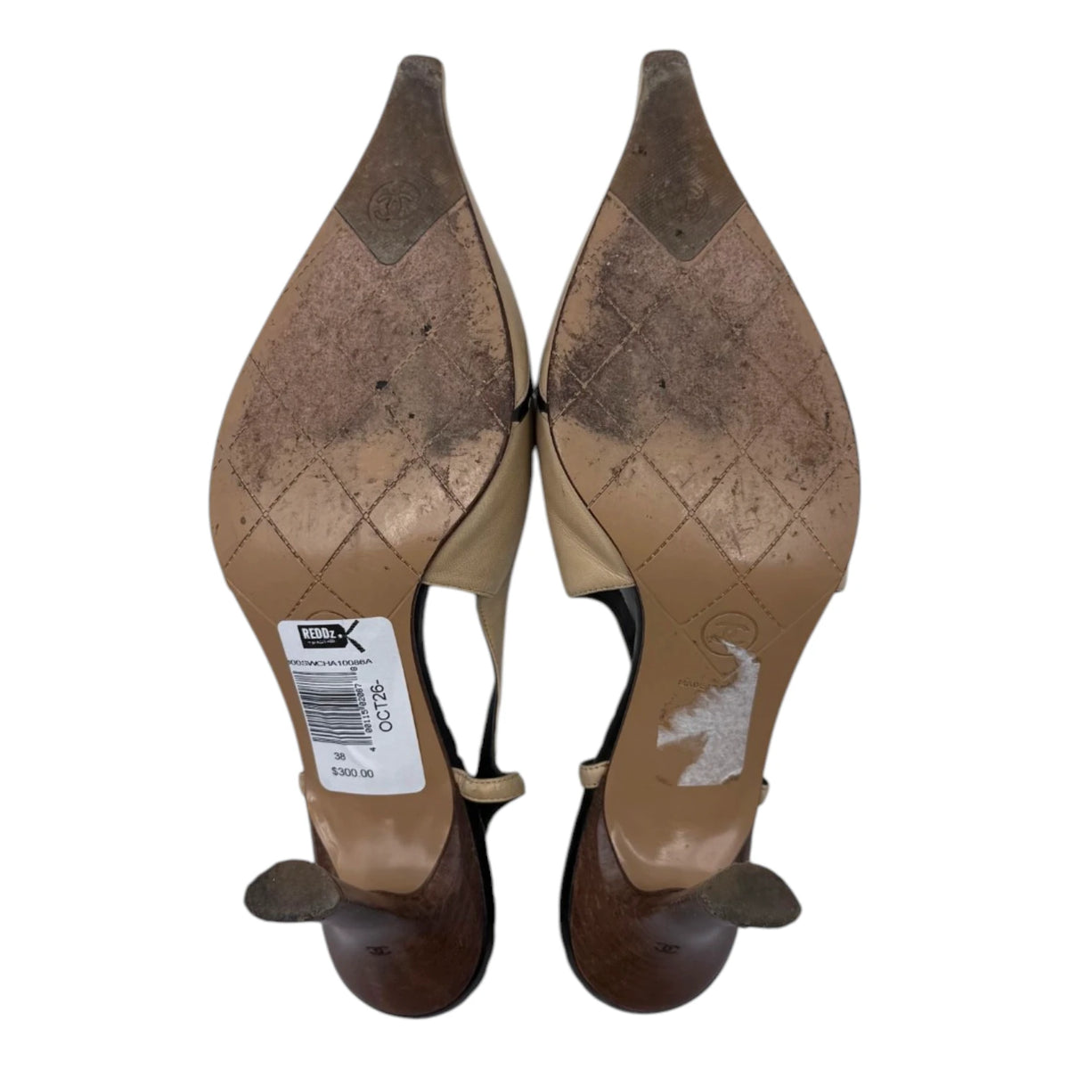 Chanel Beige & Black Slingback Kitten Heels