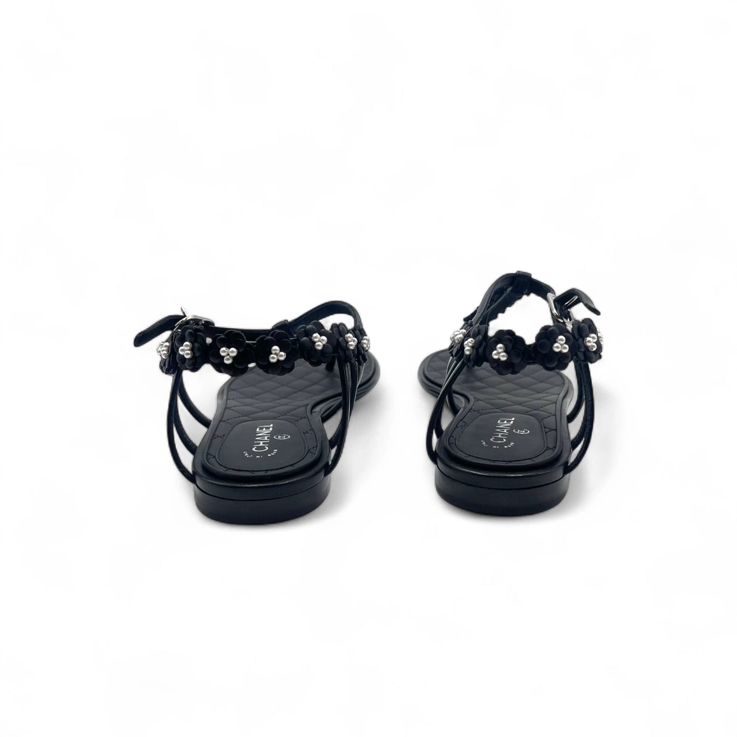 Chanel Quilted Black Pearl T-Strap Sandals