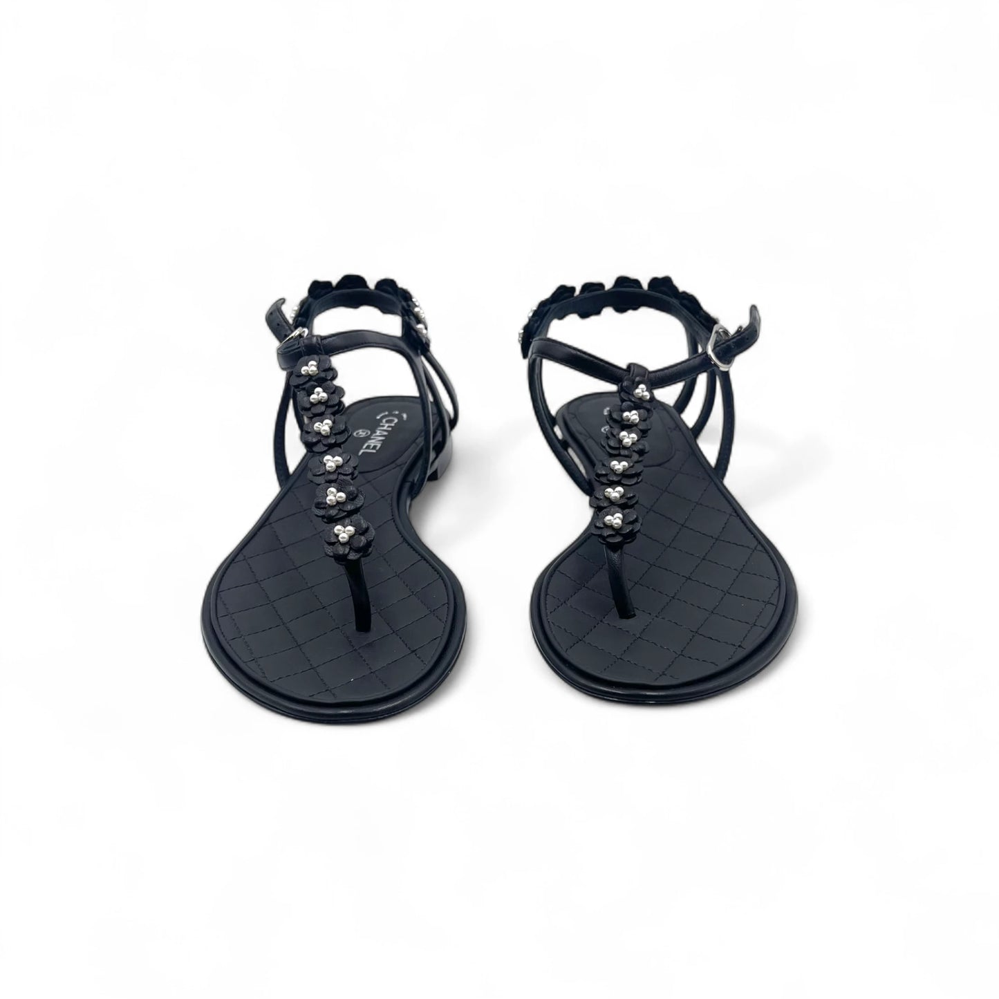 Chanel Quilted Black Pearl T-Strap Sandals