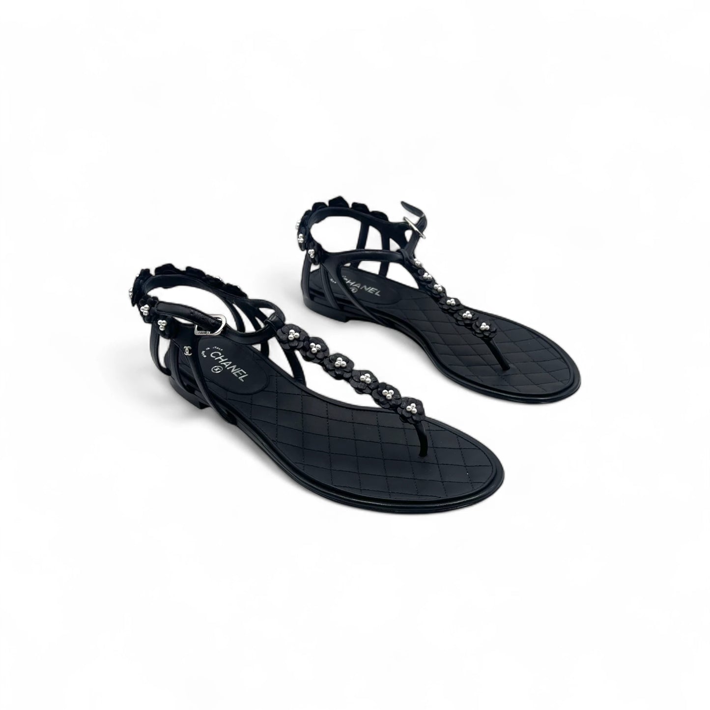 Chanel Quilted Black Pearl T-Strap Sandals