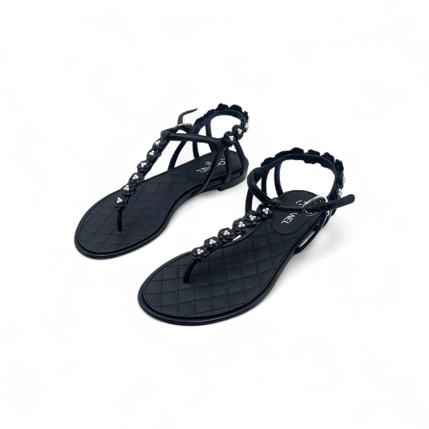 Chanel Quilted Black Pearl T-Strap Sandals