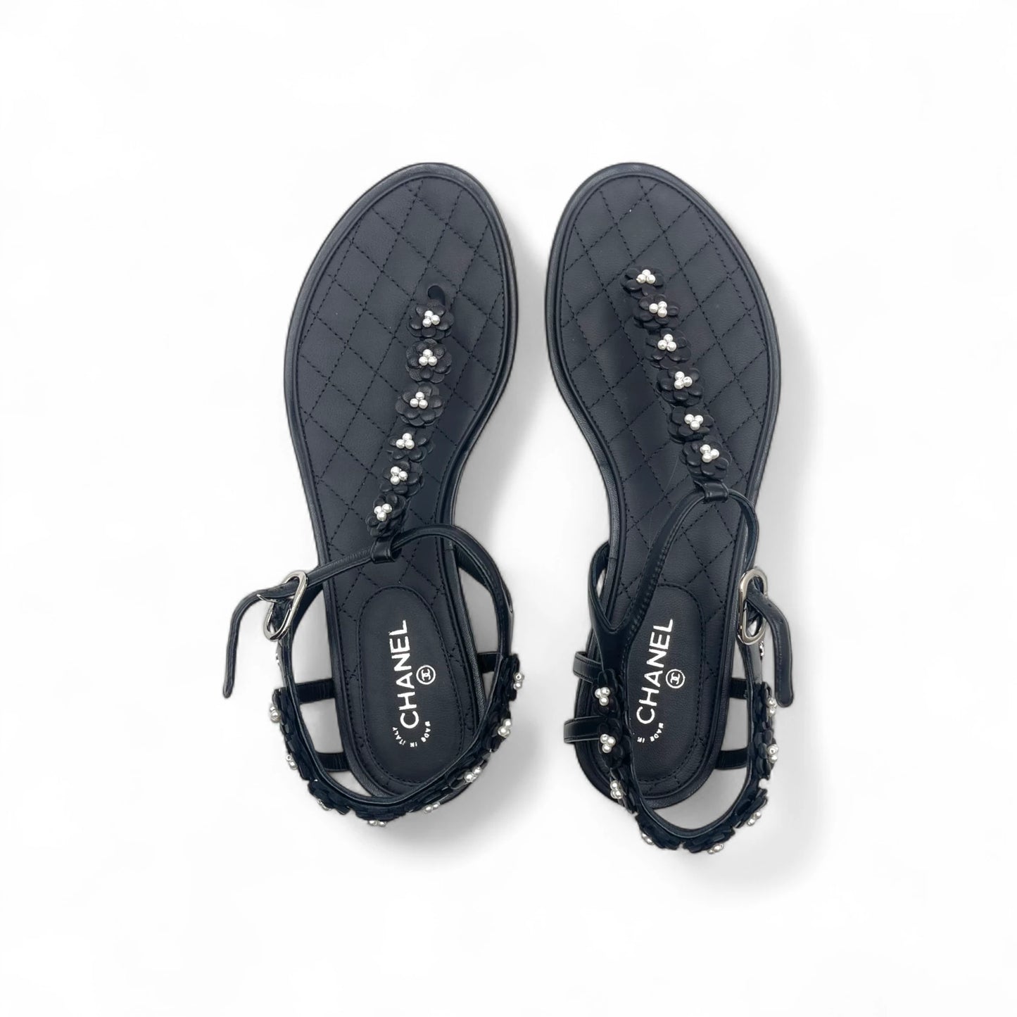 Chanel Quilted Black Pearl T-Strap Sandals