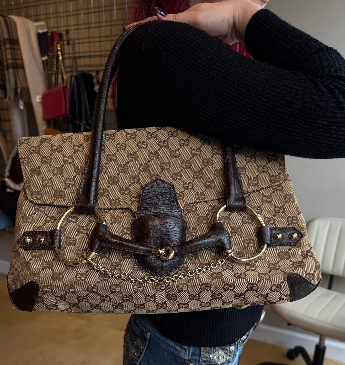 Gucci Tom Ford Era Beige/Ebony GG Canvas Horsebit Chain Flap Shoulder Satchel Bag