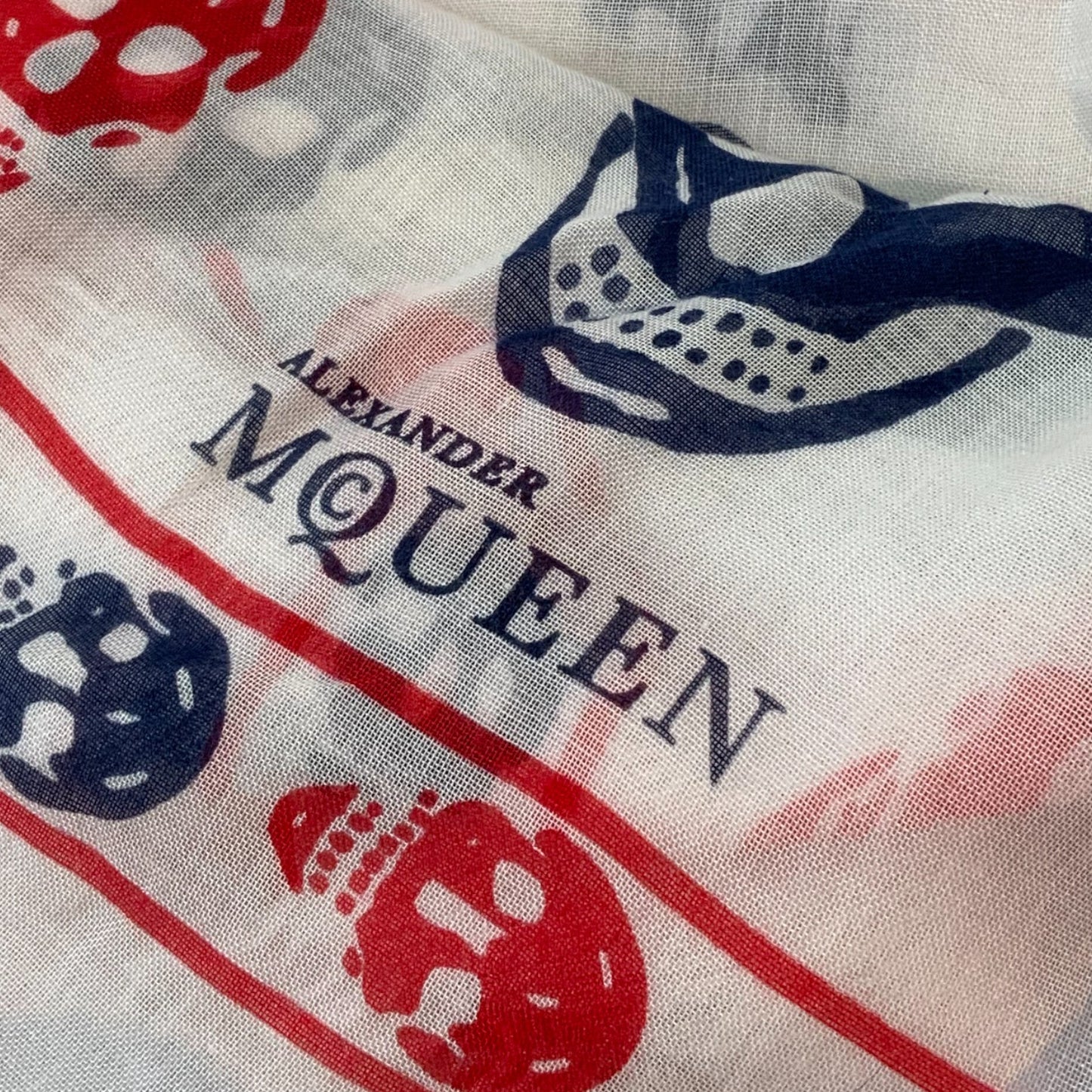 Alexander McQueen Blue and Red Skull Fringed Scarf