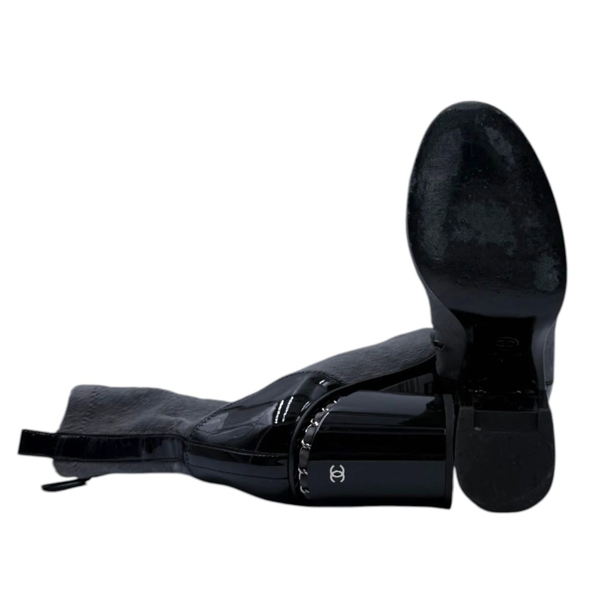 Chanel Grey Ponyhair Patent Leather Ankle Boots