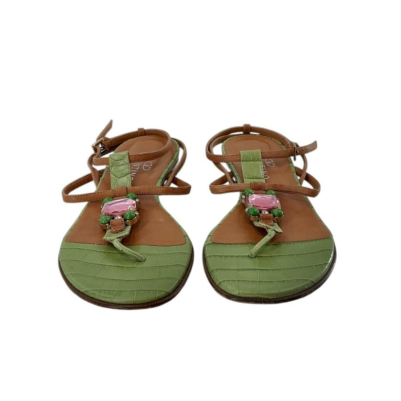 Valentino Garavani Bejeweled Green Croc Flat Sandals