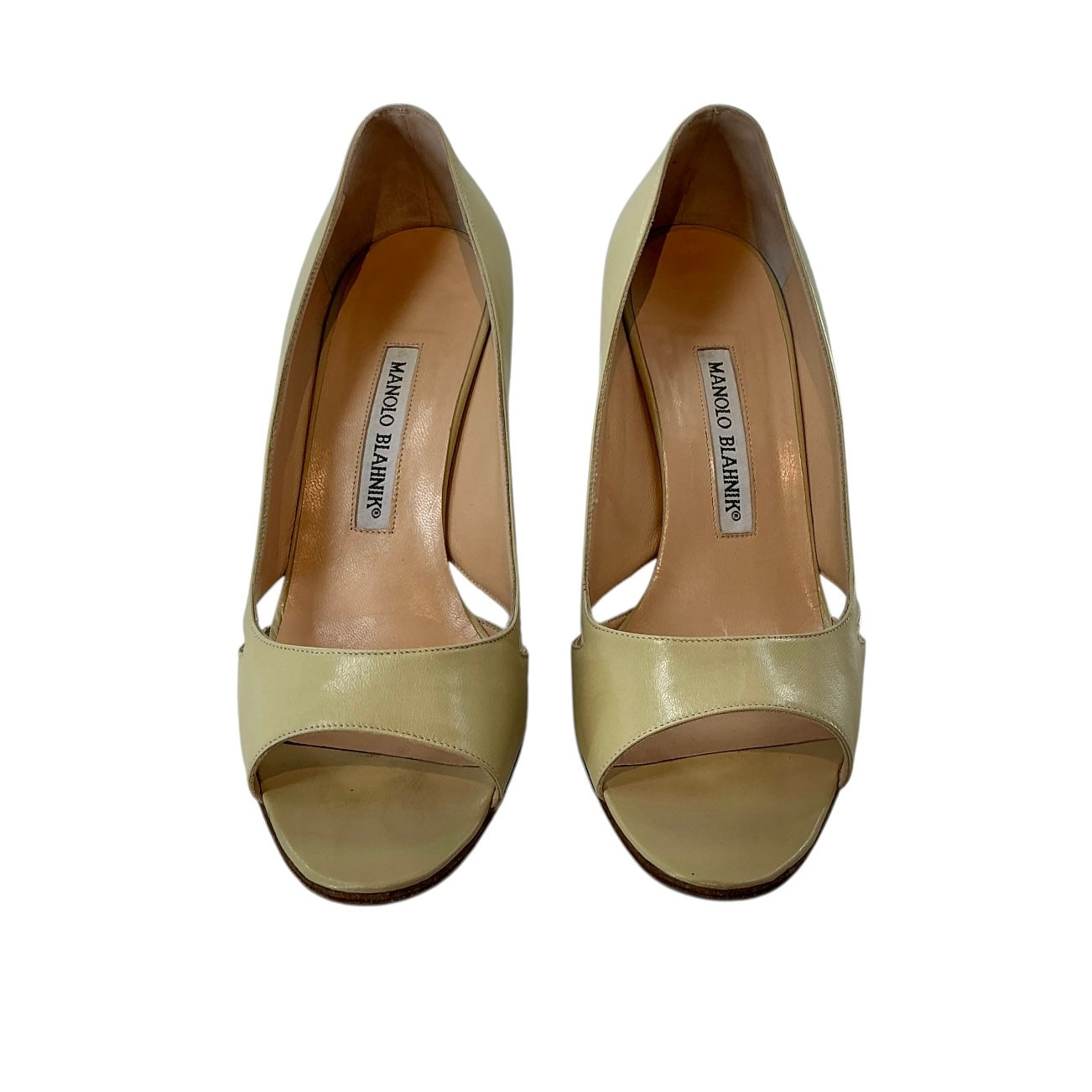 Manolo Blahnik Beige Patent Leather Open Toe Heels