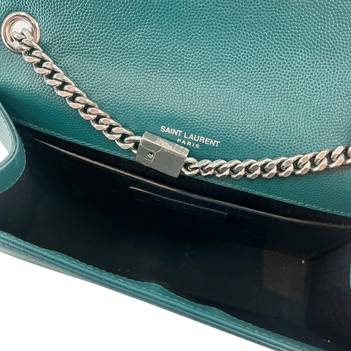 Saint Laurent (YSL) Medium Kate Chain Bag in Teal/Emerald Grain de Poudre Leather with Silver Hardware