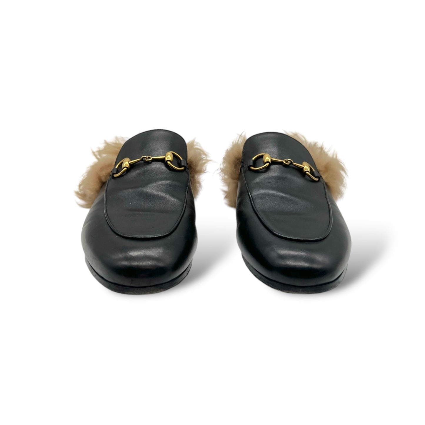 Gucci Black Leather Fur Horsebit Princetown Flat Mules