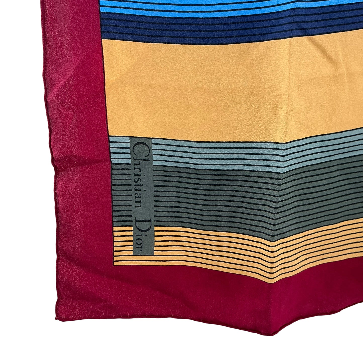 Christian Dior Vintage Silk Scarf Graphic Chevron Waves Burgundy Blue Gold
