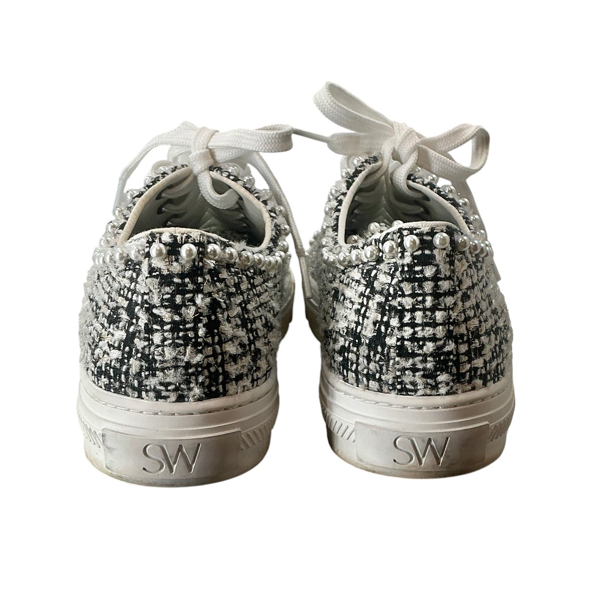 Stuart Weitzman Ollie Low Top Pearl Tweed Sneakers Black White