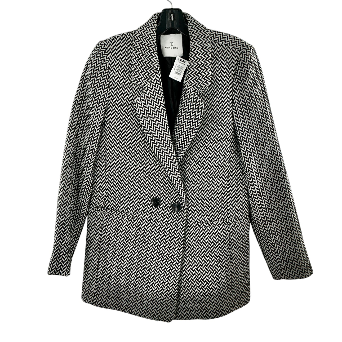 Anine Bing Fishbone Double-Breasted Blazer Jacket - Black & Off-White Chevron