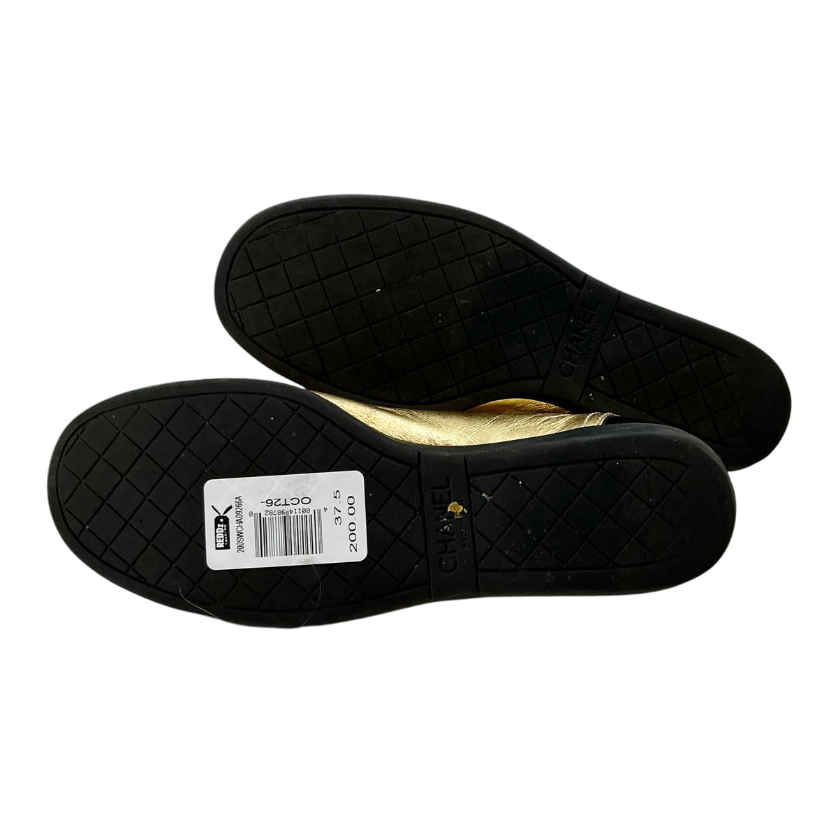 Chanel Vintage Gold Metallic Leather Black Patent Cap Toe Sneakers