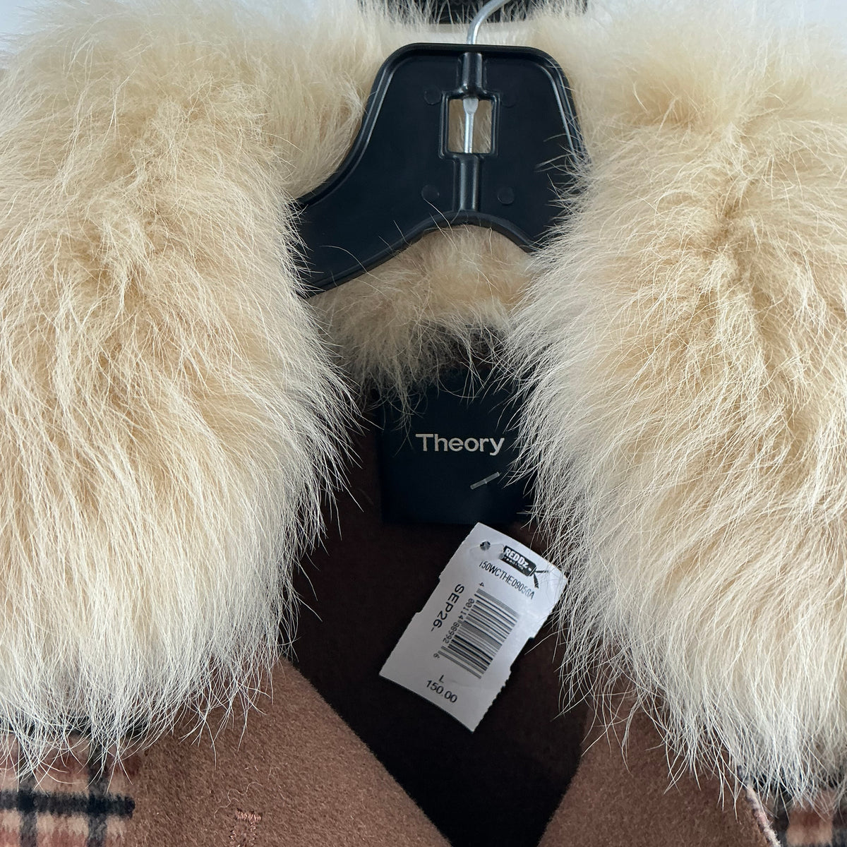 Theory Dorado Plaid Faux Fur Collar Utility Peacoat