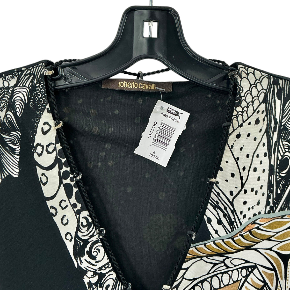 Roberto Cavalli Printed Long Sleeve Jersey Dress Lace Up V-Neck Black Gold