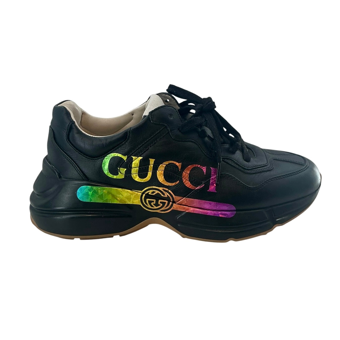 Gucci Rhyton Black Leather Rainbow Logo Sneakers