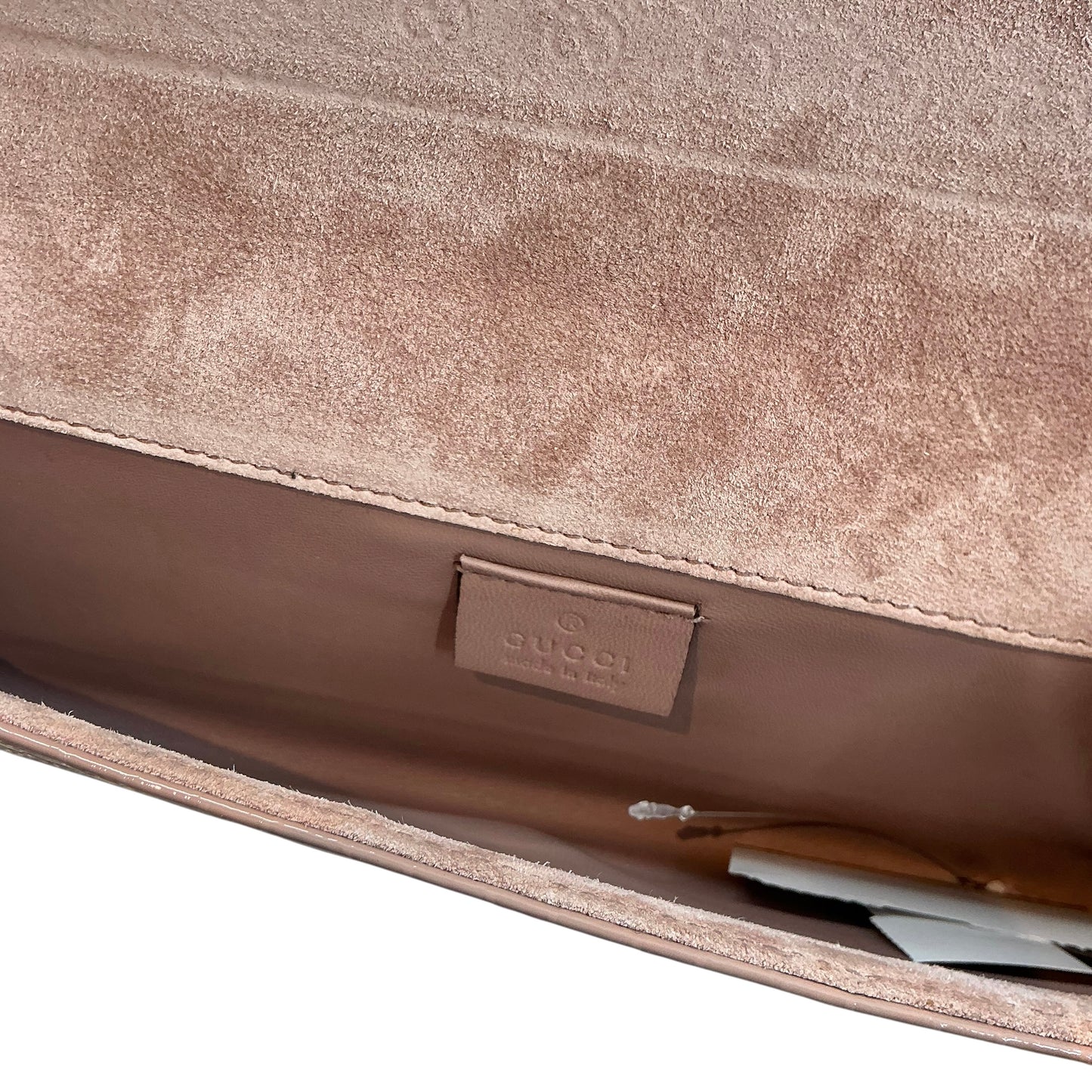 Gucci Beige Nude Micro GG Monogram Broadway Patent Leather Flap Clutch