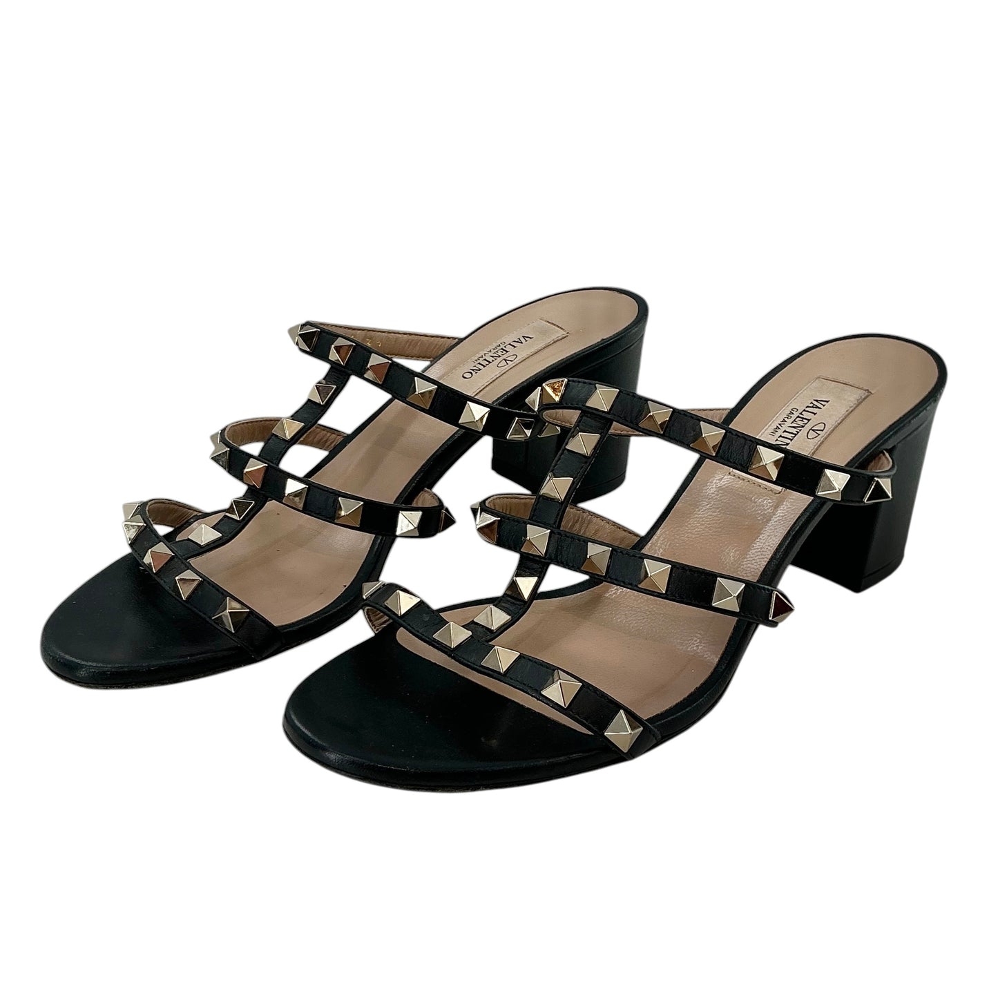 Valentino Garavani Rockstud Caged Black Leather Block Heel Mules Sandals