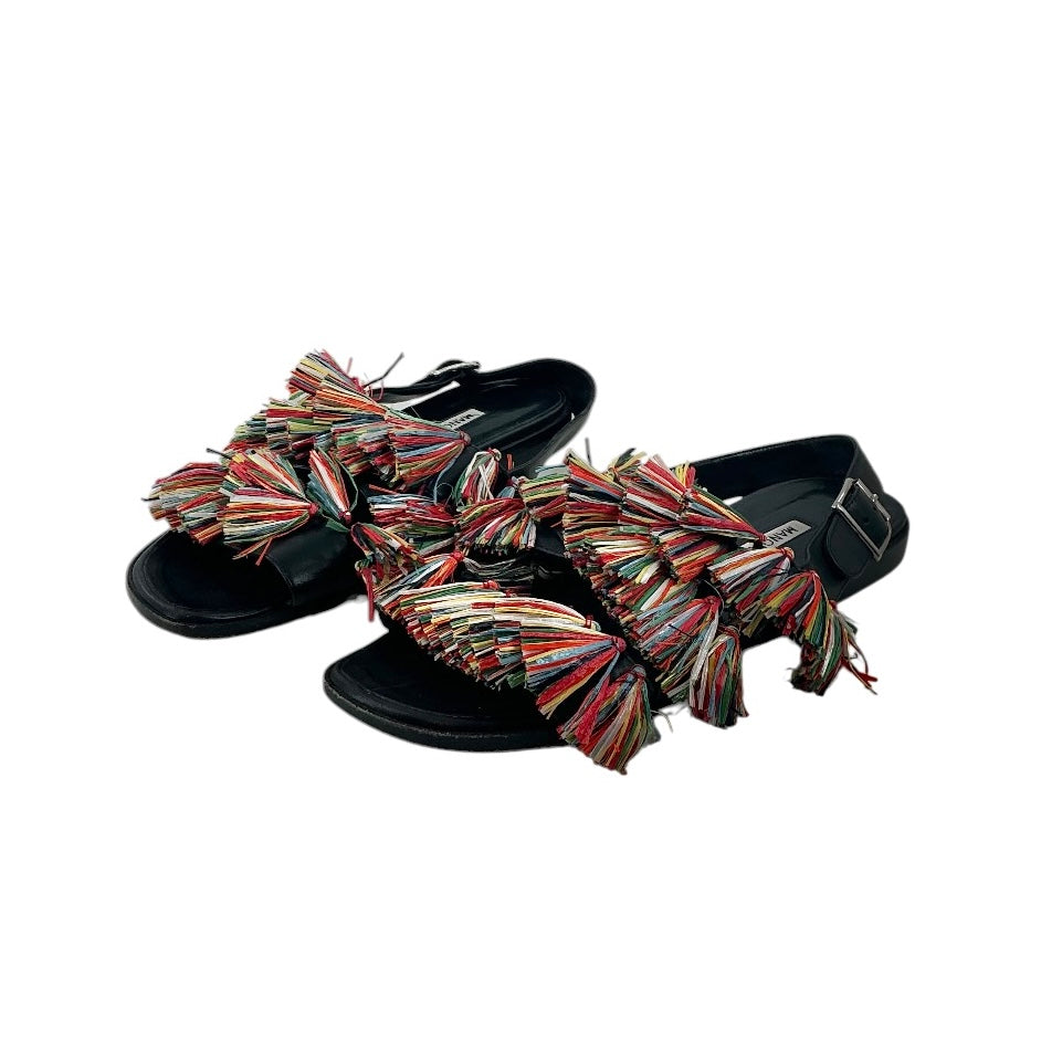 Manolo Blahnik Raffia Fringe Leather Slingback Sandals