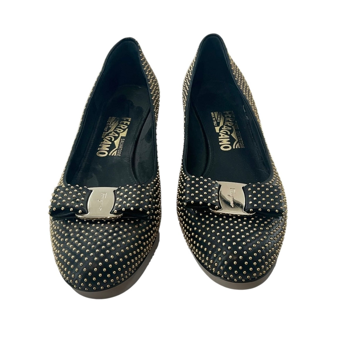 Salvatore Ferragamo Vara Studded Bow Block Heel Pumps