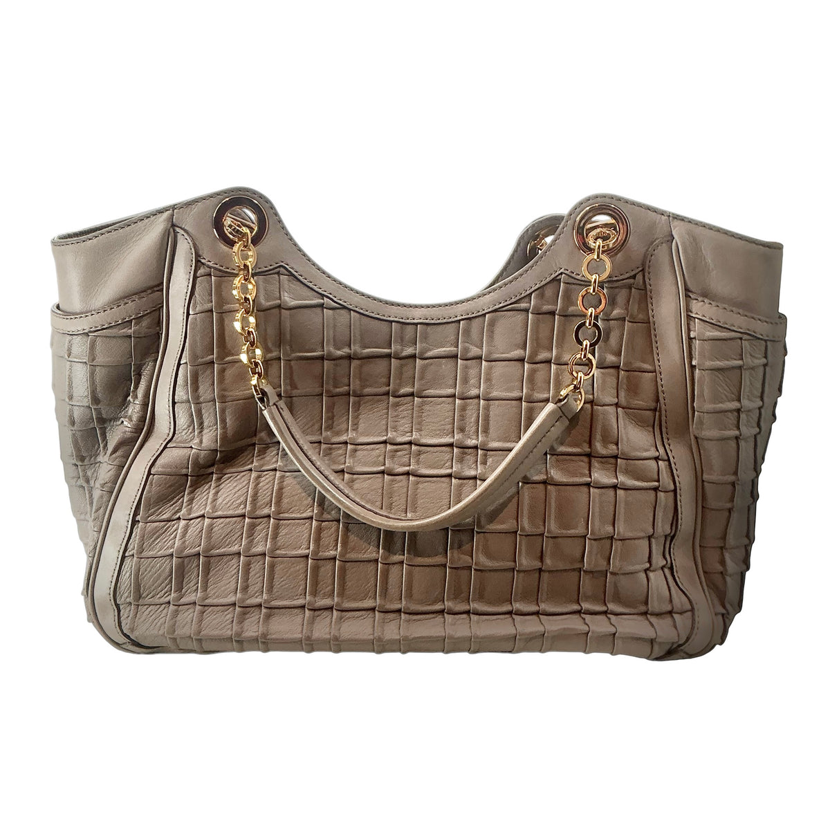 Salvatore Ferragamo Grey Betulla Quilted Basket-Weave Leather Double Gancini Chain Tote Bag