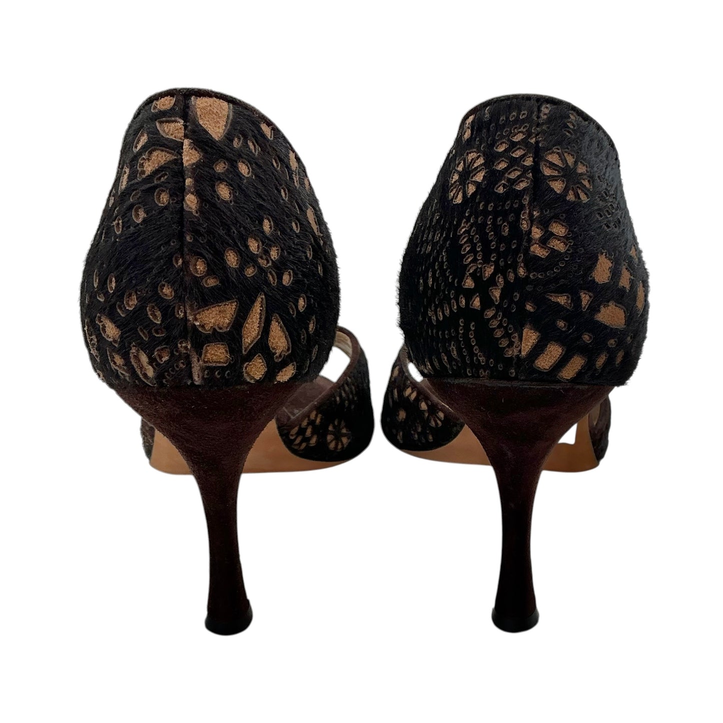 Manolo Blahnik Brown Laser-Cut Suede Lace D'Orsay Peep Toe Heels