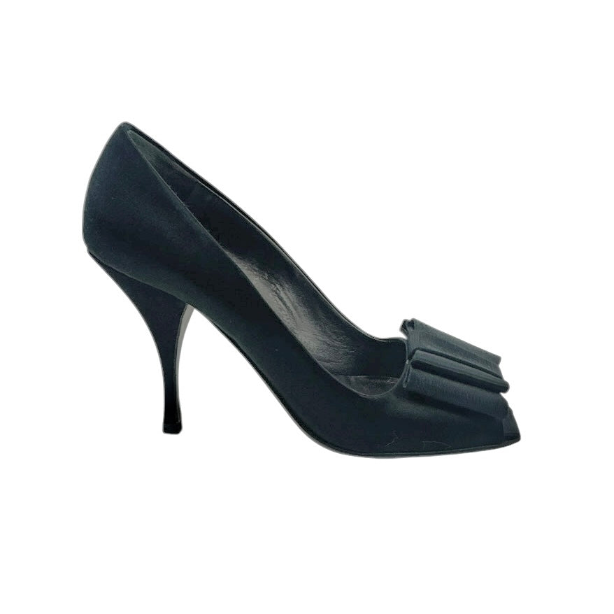 Prada Black Satin Bow Peep-Toe Pumps