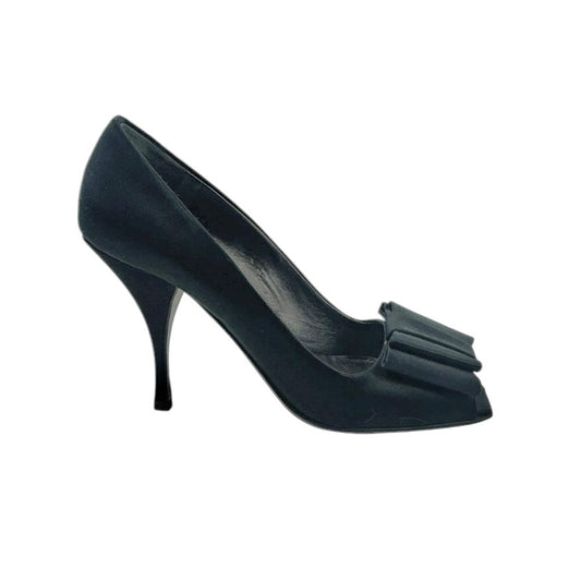 Prada Black Satin Bow Peep-Toe Pumps