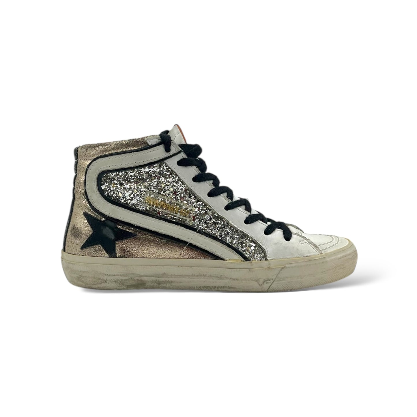 Golden Goose Slide Distressed Suede-Trimmed Leather and Lurex High-Top Women’s Sneakers