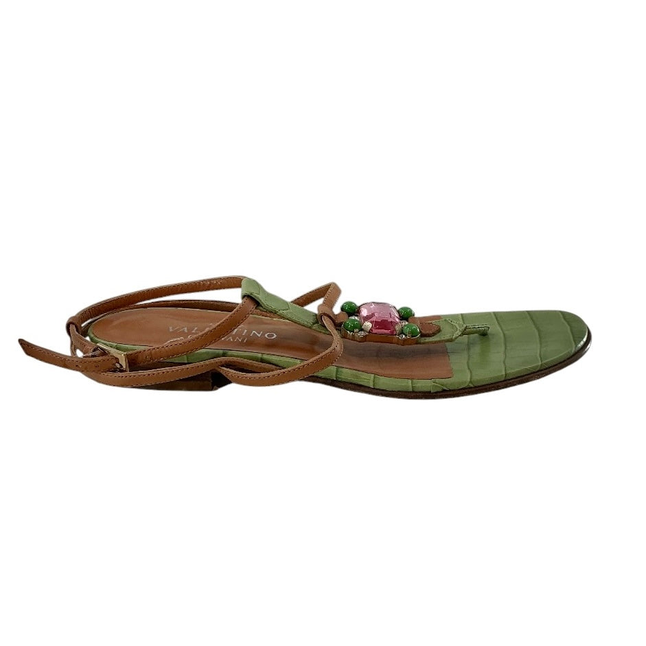 Valentino Garavani Bejeweled Green Croc Flat Sandals
