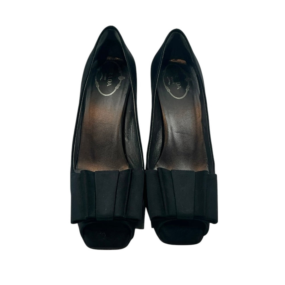 Prada Black Satin Bow Peep-Toe Pumps