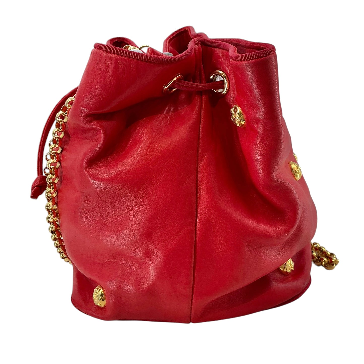 Salvatore Ferragamo Red Leather Drawstring Bucket Bag with Gold Icon Studs & Chain Strap