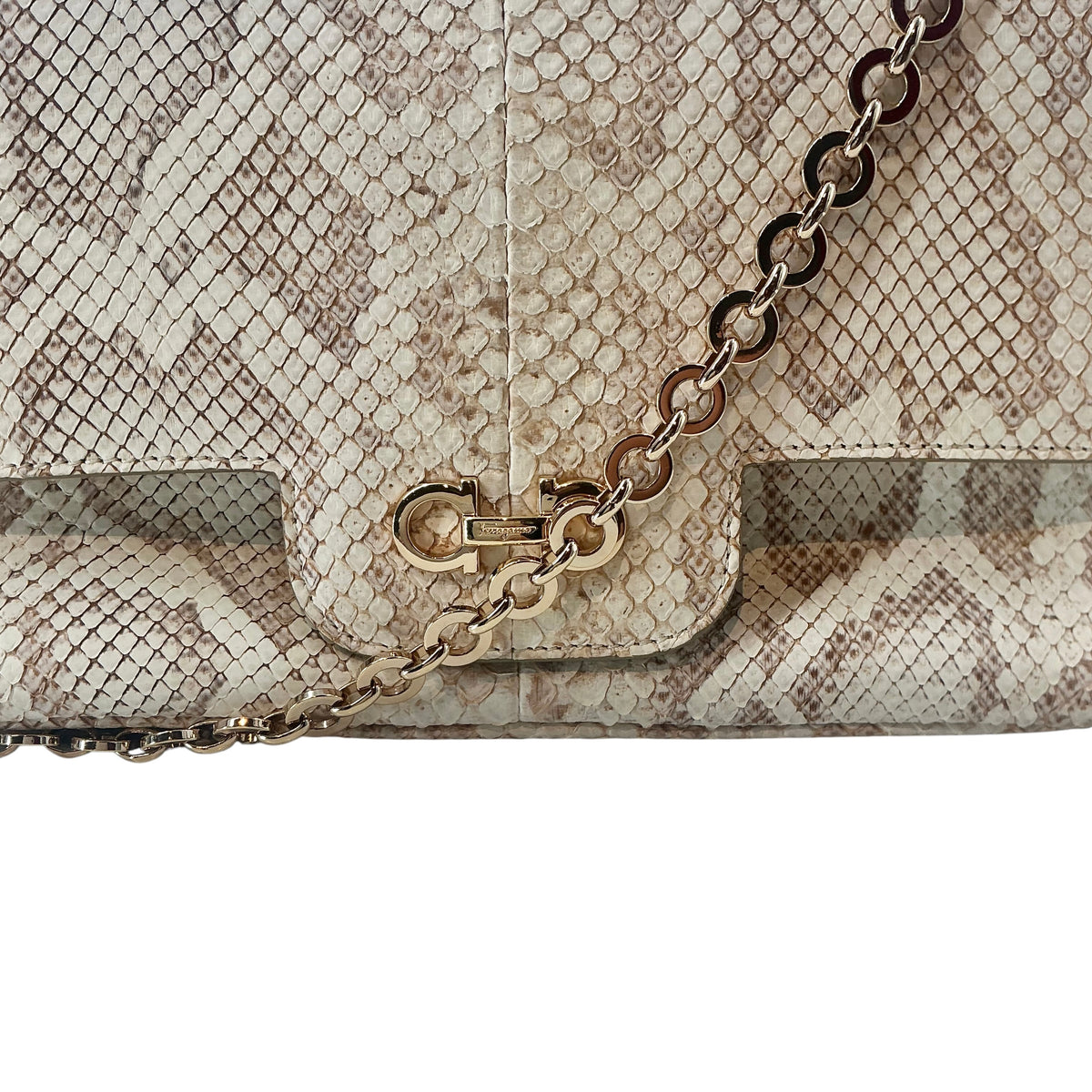 Salvatore Ferragamo Beige Python Luciana Flap Shoulder Bag